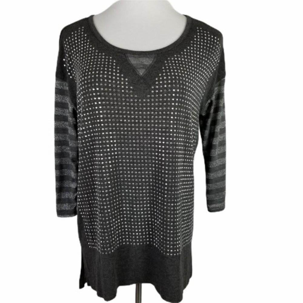 B'leev Metallic Studded Tunic Blouse Women's Medium Gray Silver 3/4 Sleeve